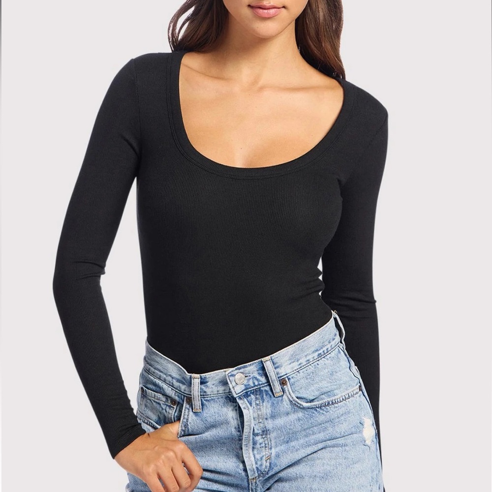 Nuuds Black Slinky Rib Long Sleeve Bodysuit - Size XS